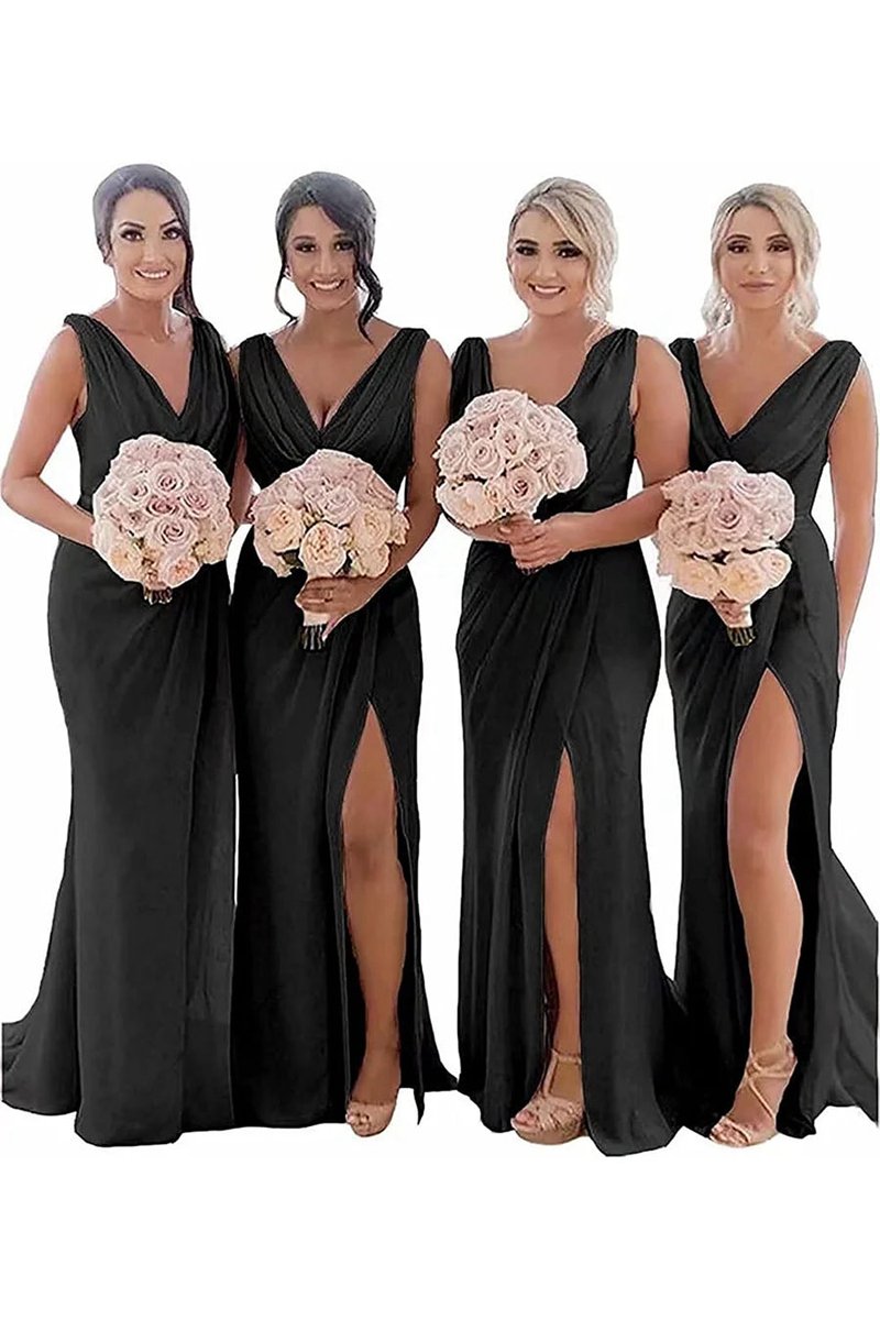 Sheath Chiffon Ruched Long Bridesmaid Dresses with Slit