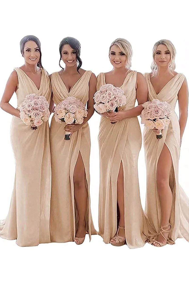 Sheath Chiffon Ruched Long Bridesmaid Dresses with Slit