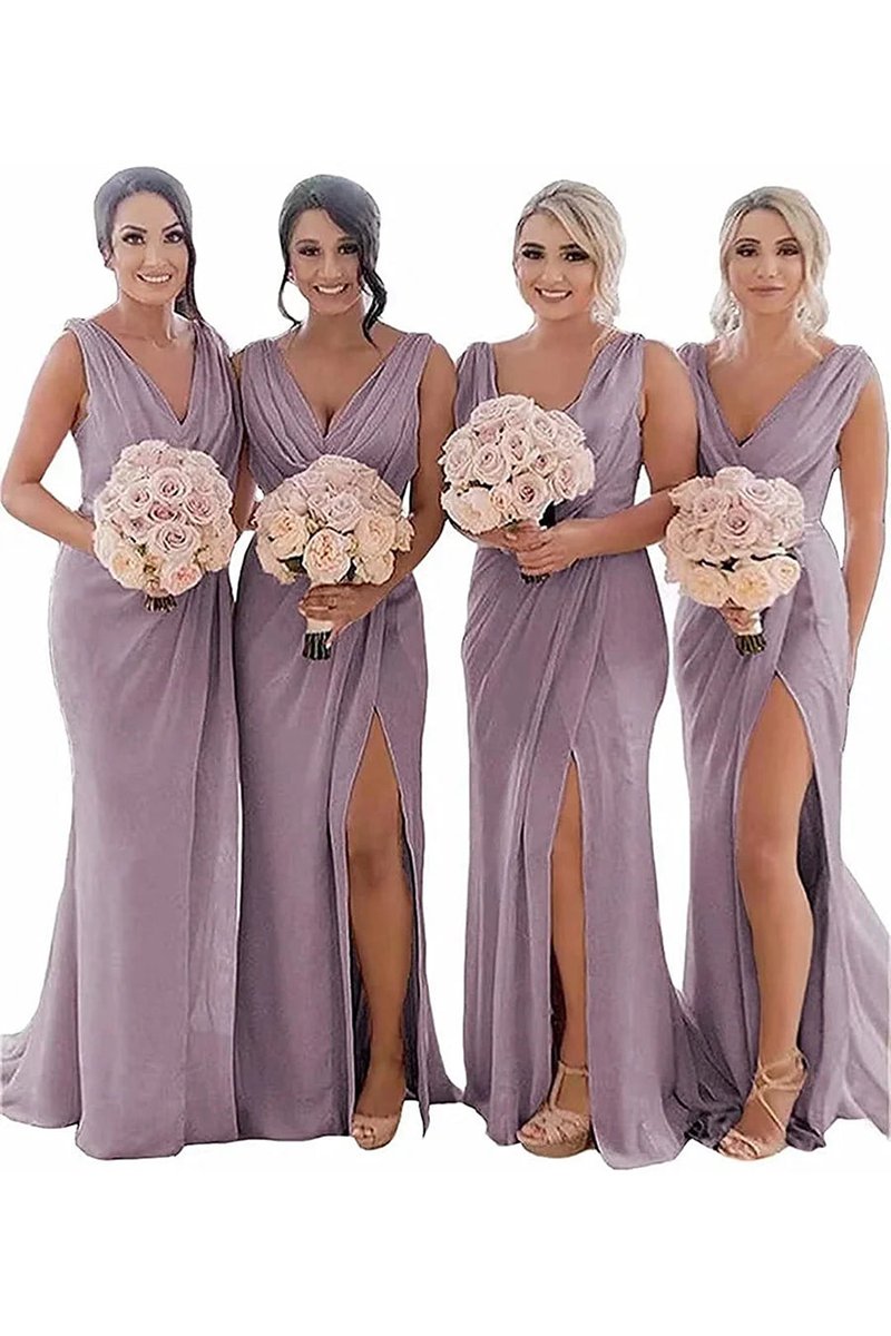 Sheath Chiffon Ruched Long Bridesmaid Dresses with Slit
