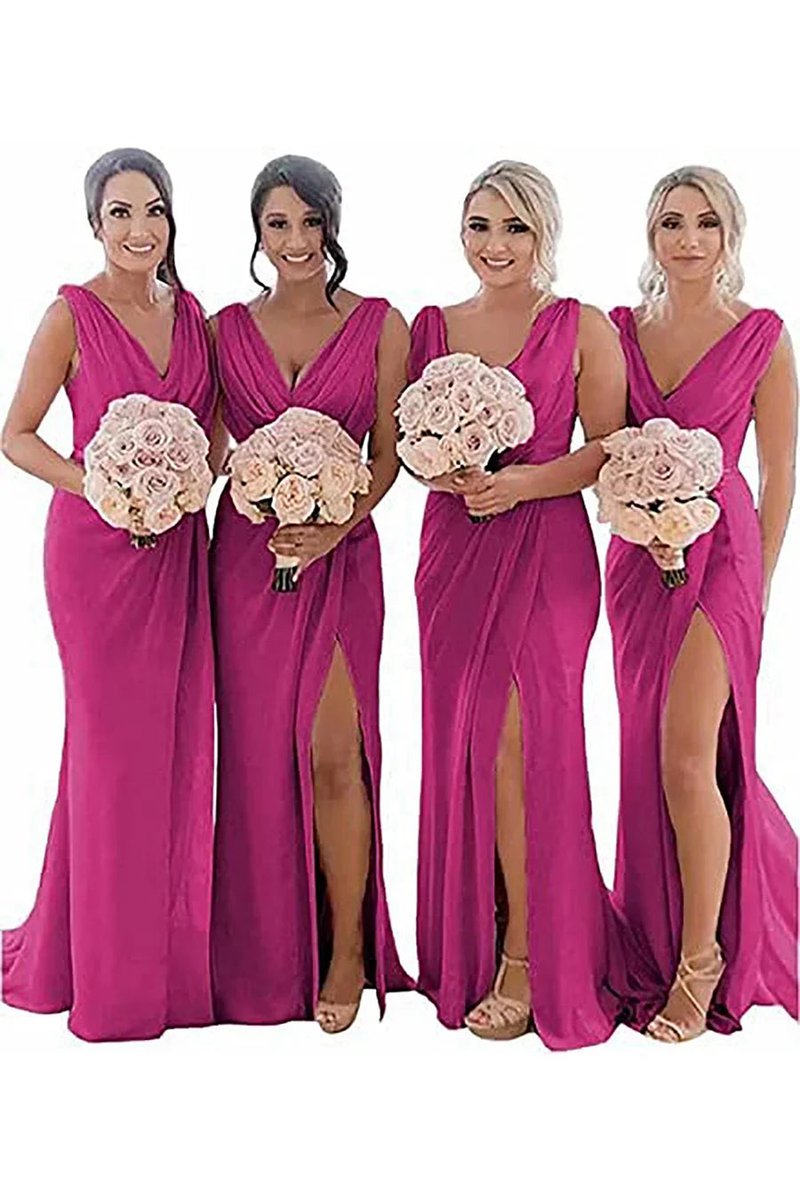 Sheath Chiffon Ruched Long Bridesmaid Dresses with Slit