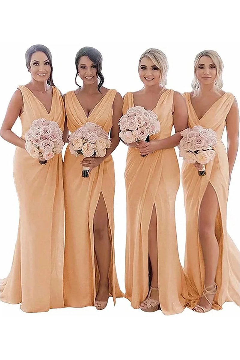 Sheath Chiffon Ruched Long Bridesmaid Dresses with Slit