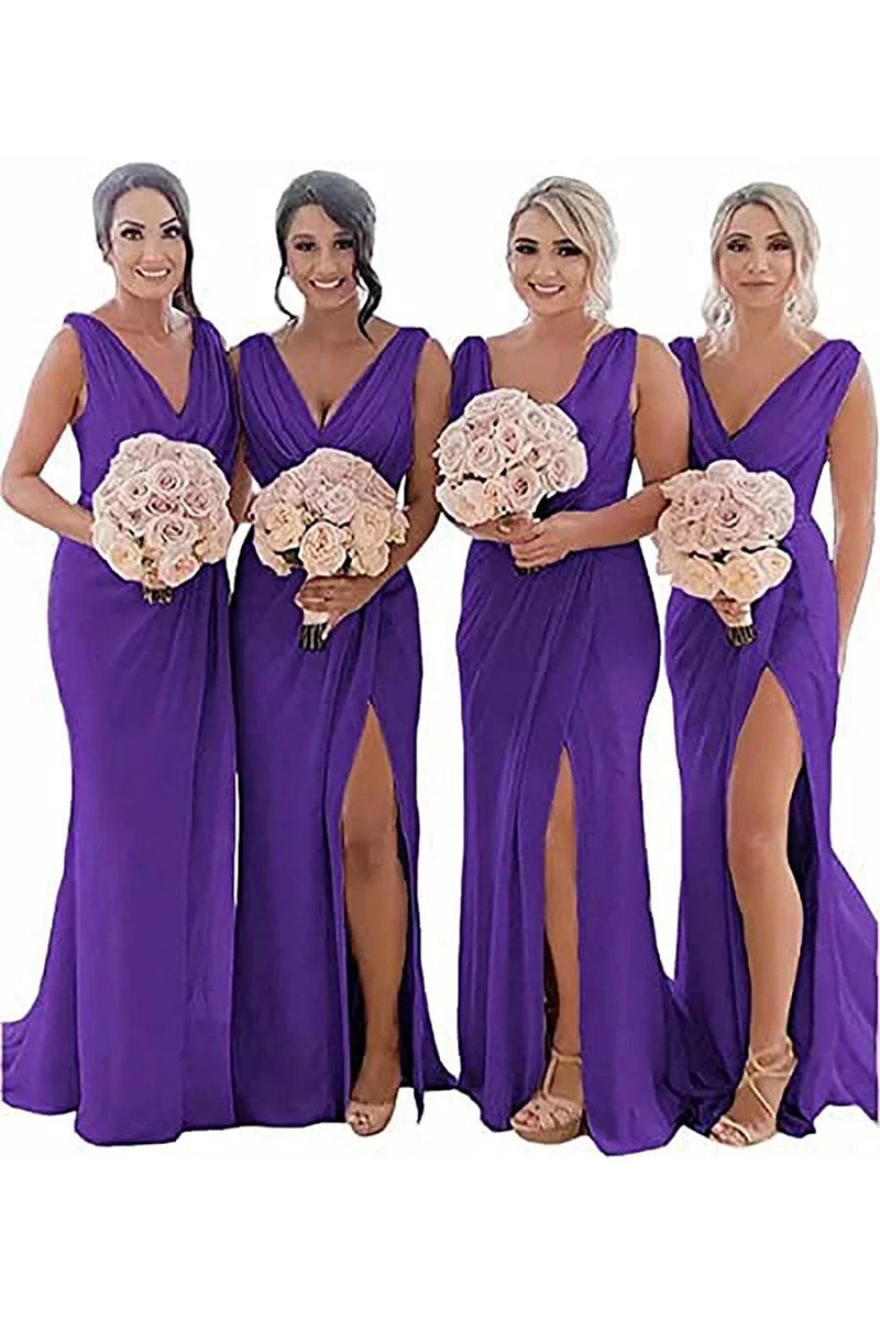 Sheath Chiffon Ruched Long Bridesmaid Dresses with Slit