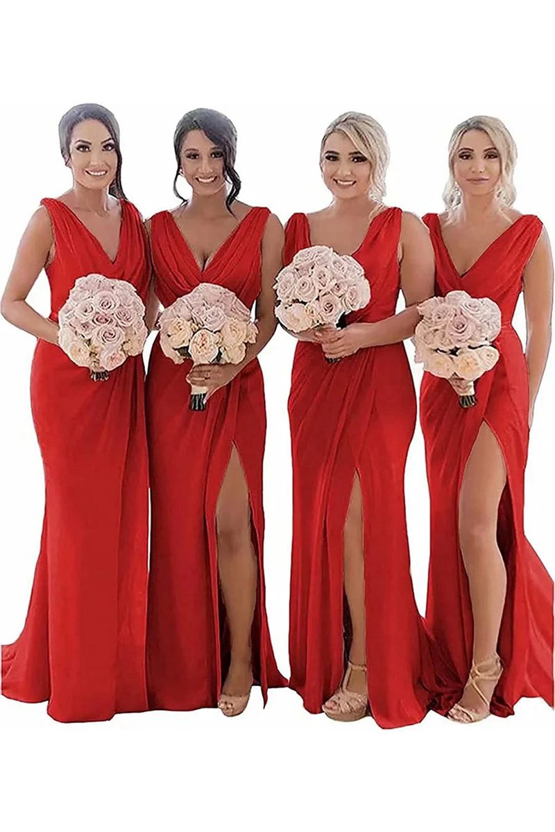 Sheath Chiffon Ruched Long Bridesmaid Dresses with Slit