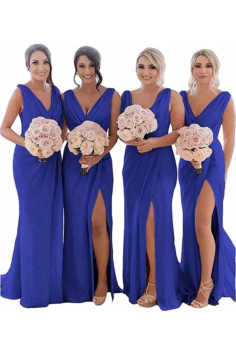 Sheath Chiffon Ruched Long Bridesmaid Dresses with Slit