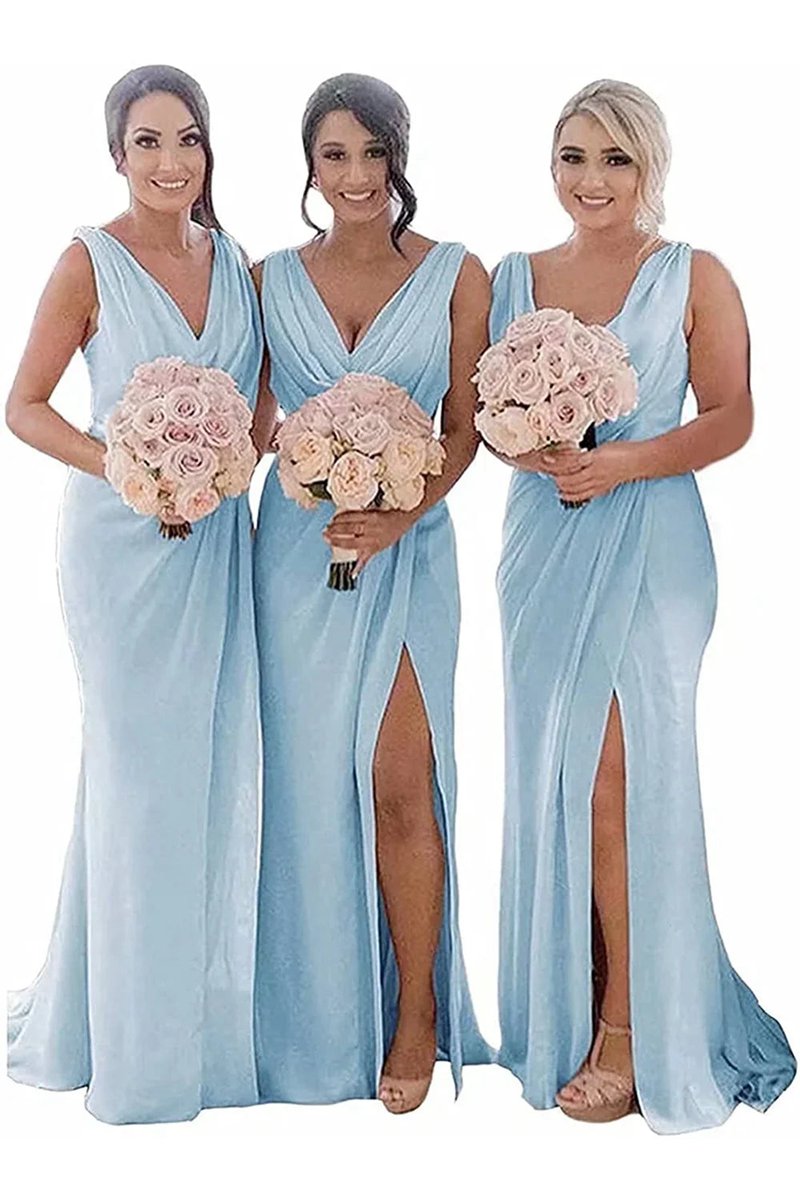 Sheath Chiffon Ruched Long Bridesmaid Dresses with Slit