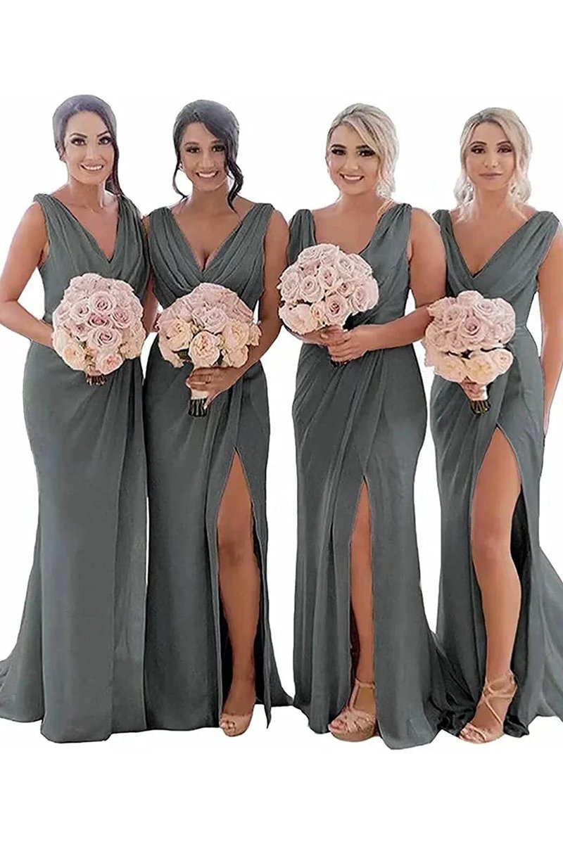 Sheath Chiffon Ruched Long Bridesmaid Dresses with Slit