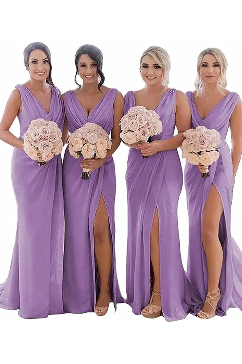 Sheath Chiffon Ruched Long Bridesmaid Dresses with Slit