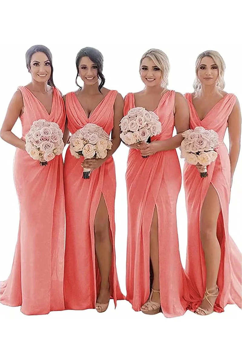 Sheath Chiffon Ruched Long Bridesmaid Dresses with Slit