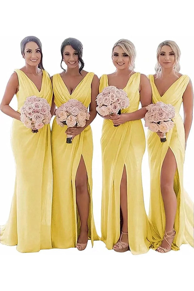 Sheath Chiffon Ruched Long Bridesmaid Dresses with Slit