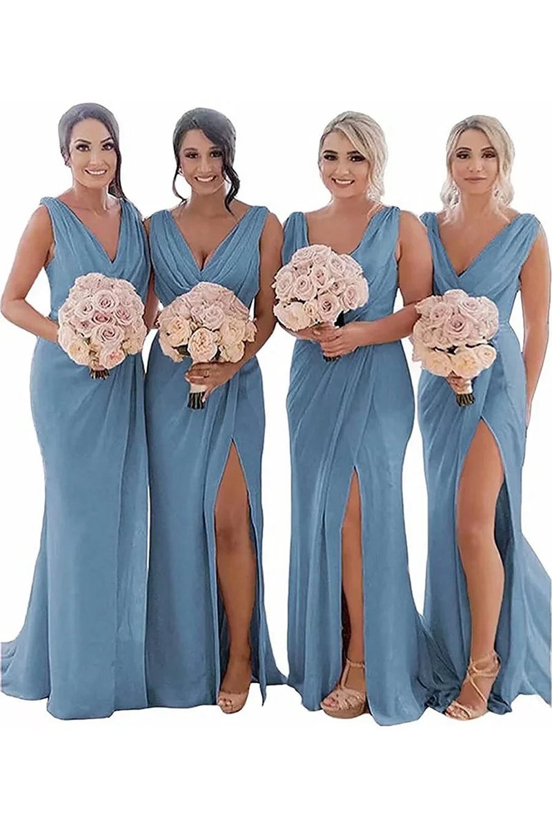 Sheath Chiffon Ruched Long Bridesmaid Dresses with Slit