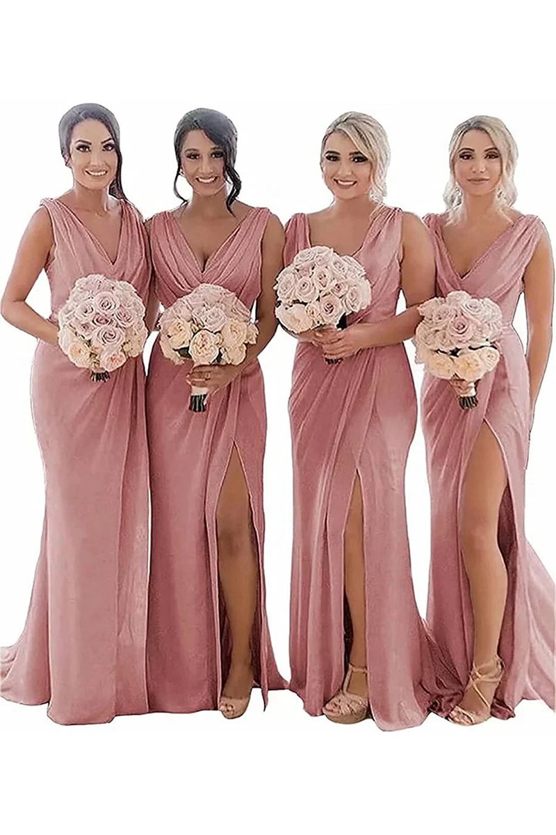 Sheath Chiffon Ruched Long Bridesmaid Dresses with Slit