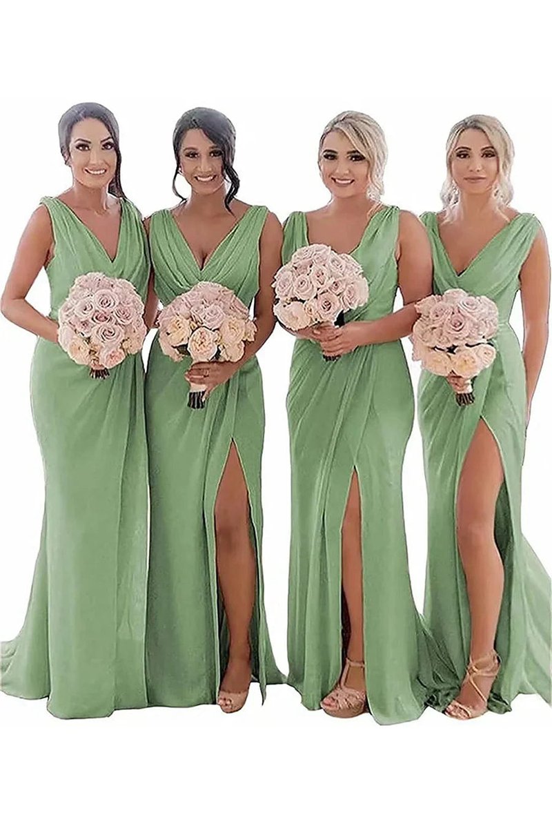 Sheath Chiffon Ruched Long Bridesmaid Dresses with Slit