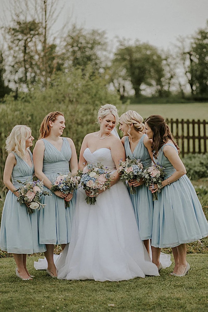 Dusty A-line Mid-Calf Ruched Chiffon Bridesmaid Dresses