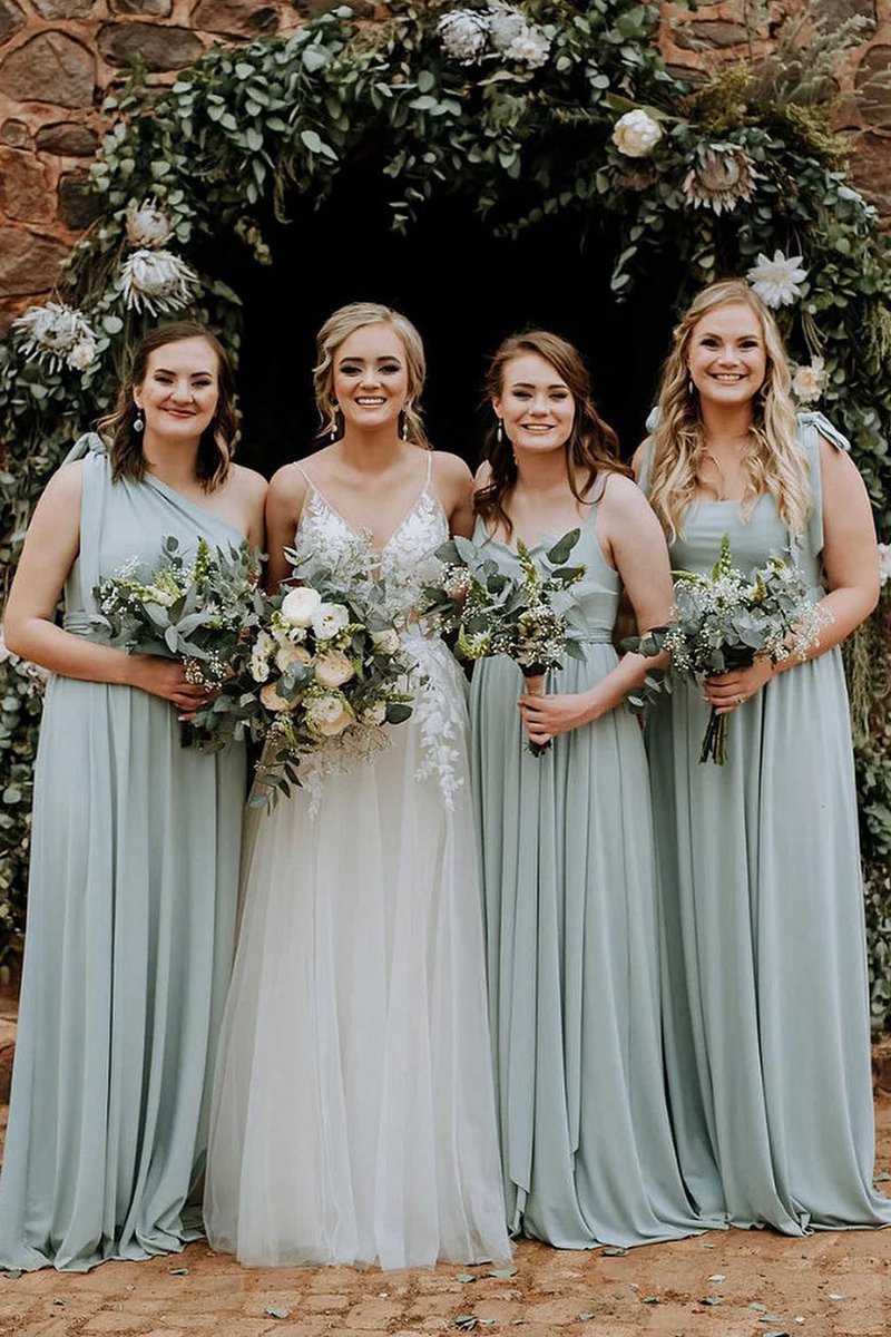 Chiffon Spaghetti Straps A-line Long Bridesmaid Dresses