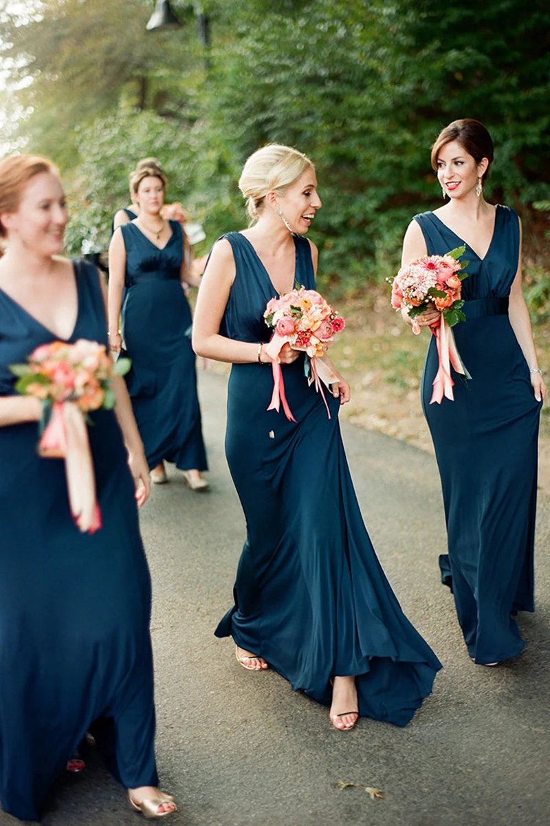 Peacock Mermaid V-Neck Long Bridesmaid Dresses