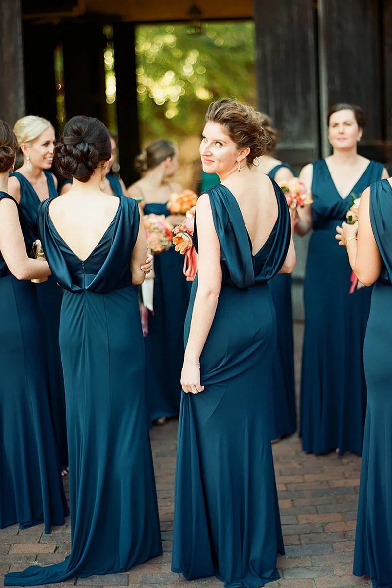 Peacock Mermaid V-Neck Long Bridesmaid Dresses