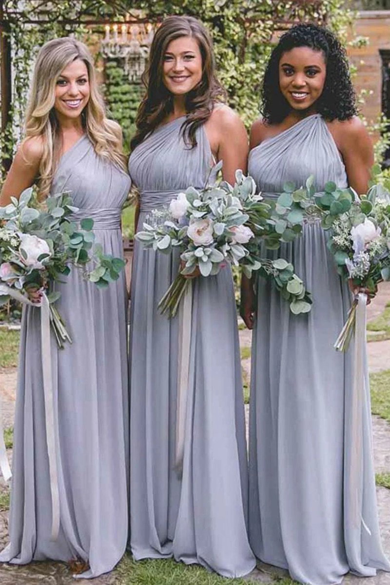 Dusty One Shoulder Chiffon Long Boho Pleated Bridesmaid Dresses