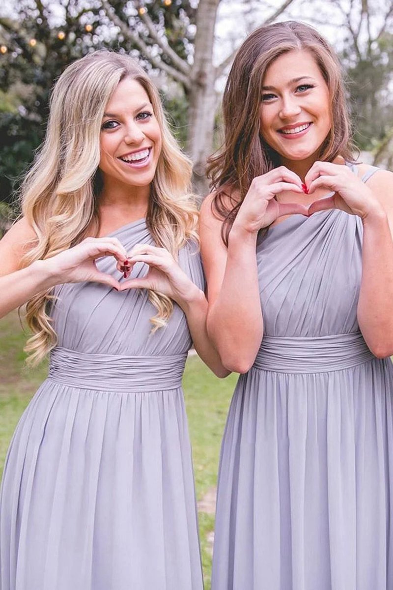 Dusty One Shoulder Chiffon Long Boho Pleated Bridesmaid Dresses