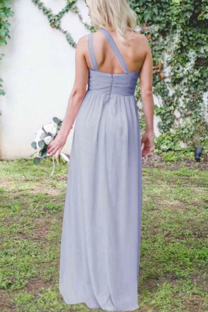 Dusty One Shoulder Chiffon Long Boho Pleated Bridesmaid Dresses