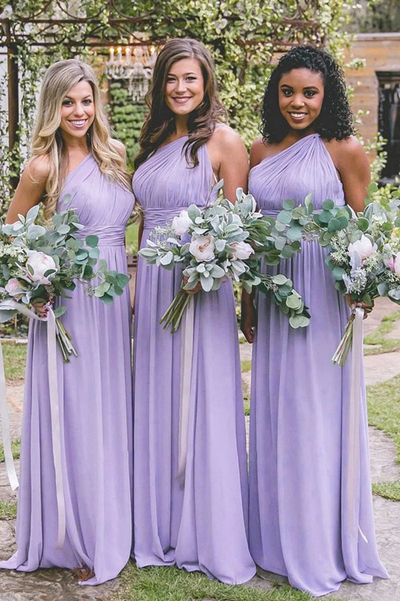 Dusty One Shoulder Chiffon Long Boho Pleated Bridesmaid Dresses