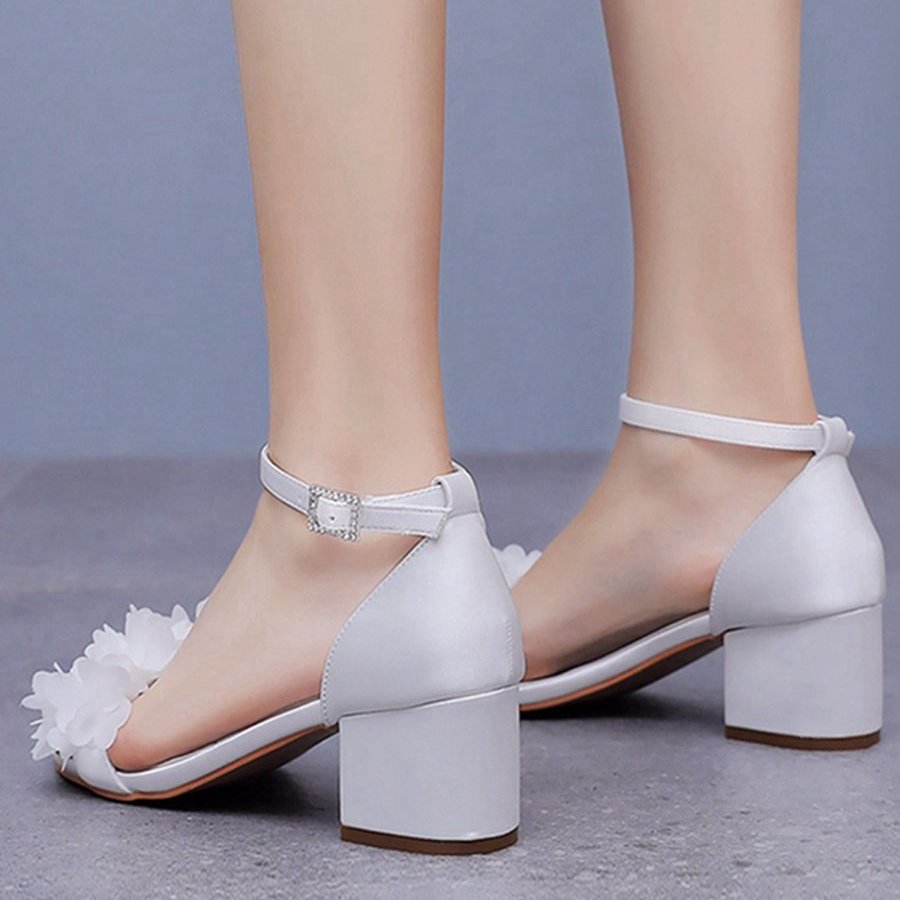 Floral Satin Open Toe Low Chunky Heels