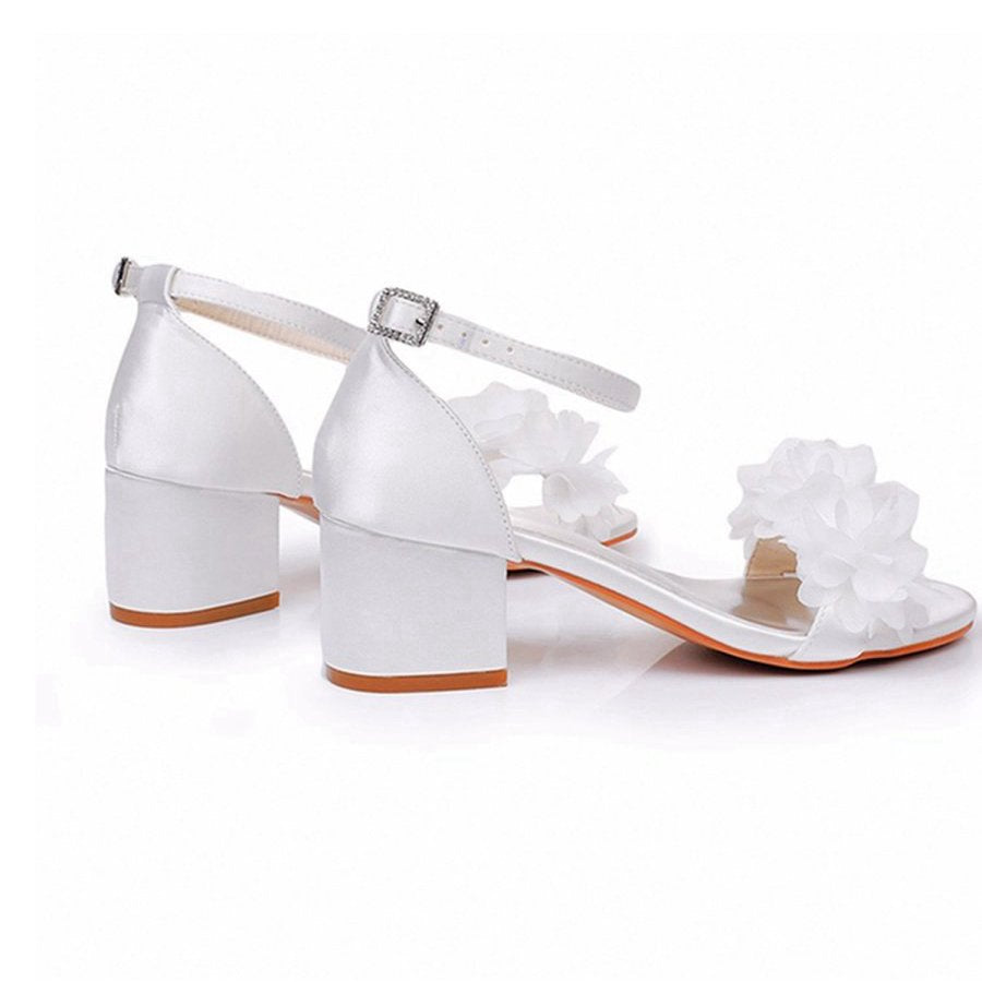 Floral Satin Open Toe Low Chunky Heels