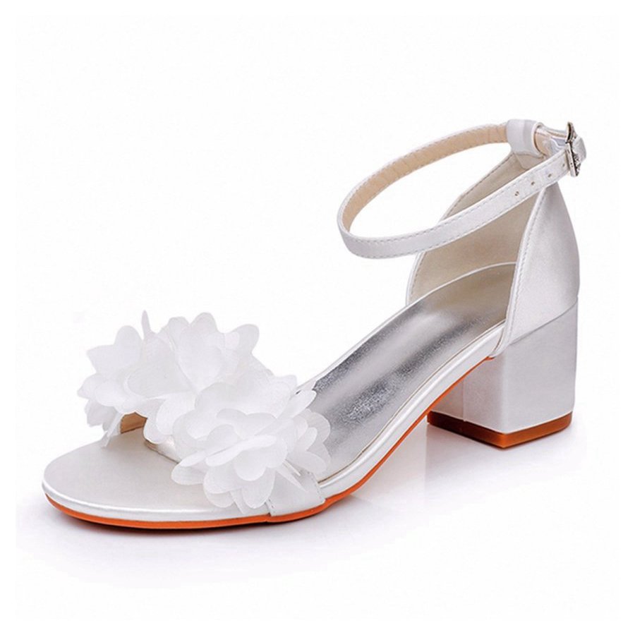 Floral Satin Open Toe Low Chunky Heels
