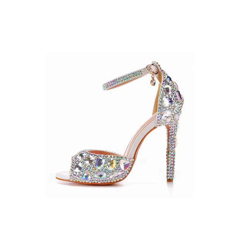 Peep Toe Big colored rhinestones Ankle Strap Stiletto Heels