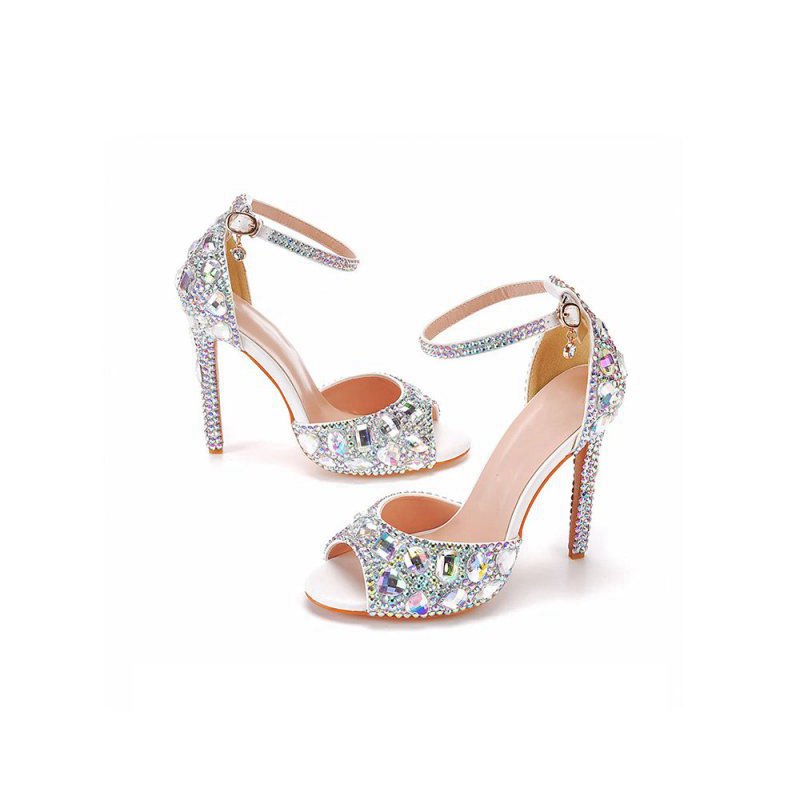 Peep Toe Big colored rhinestones Ankle Strap Stiletto Heels