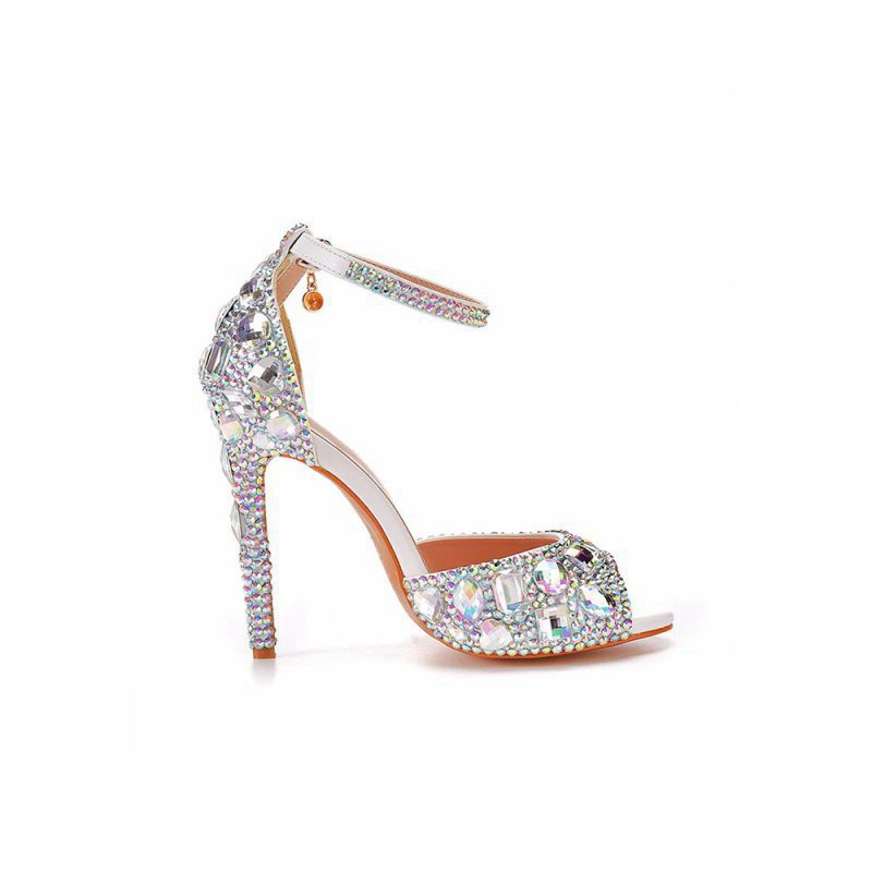 Peep Toe Big colored rhinestones Ankle Strap Stiletto Heels