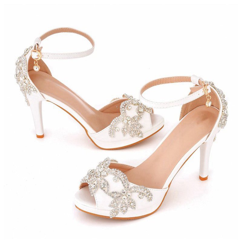 Rhinestone Flowers Decor Peep Toe Platform Stiletto Ankle-strap High Heels