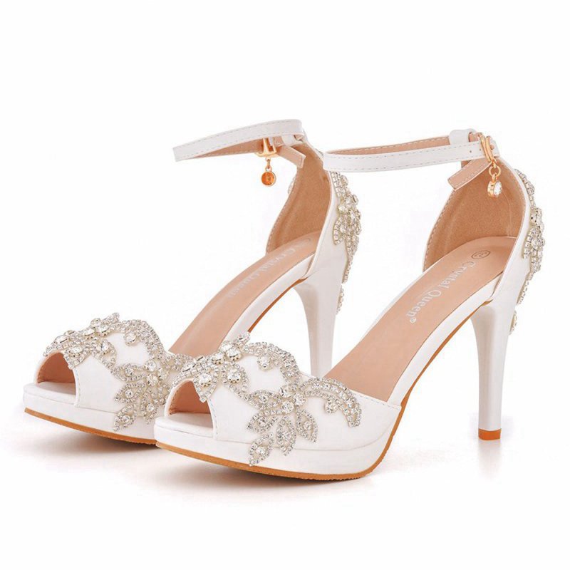 Rhinestone Flowers Decor Peep Toe Platform Stiletto Ankle-strap High Heels