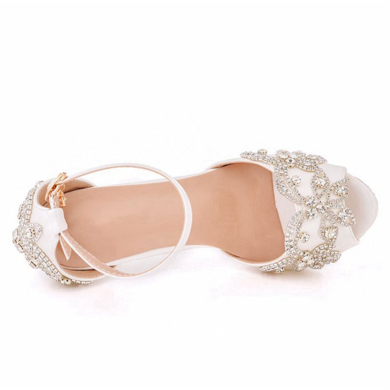 Rhinestone Flowers Decor Peep Toe Platform Stiletto Ankle-strap High Heels