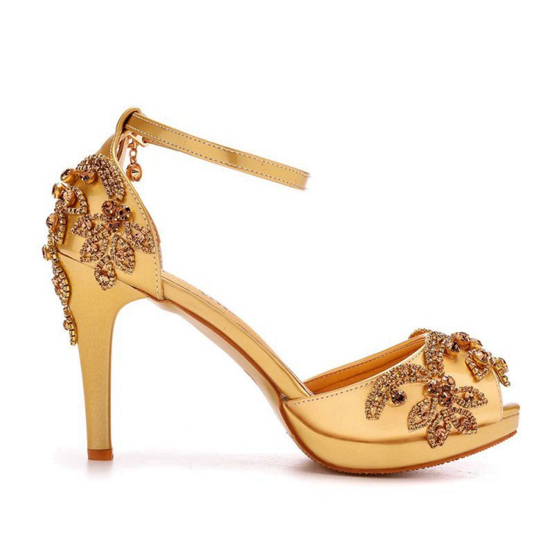 Rhinestone Flowers Decor Peep Toe Platform Stiletto Ankle-strap High Heels