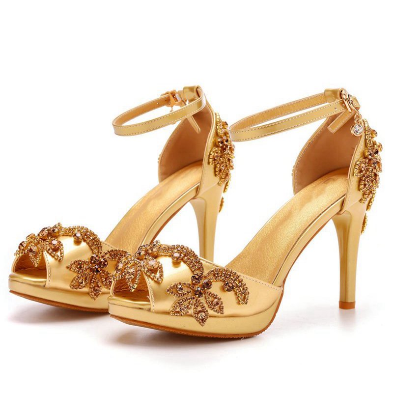 Rhinestone Flowers Decor Peep Toe Platform Stiletto Ankle-strap High Heels