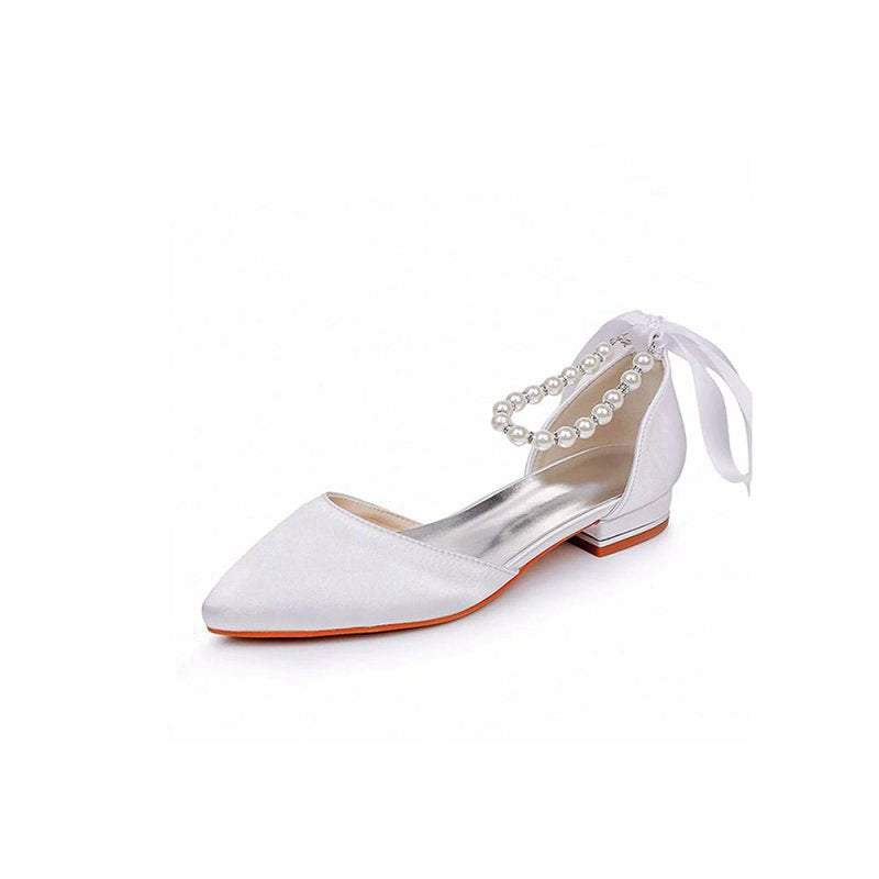 Satin Beaded Ribbon Low Heels Bridal Shoes