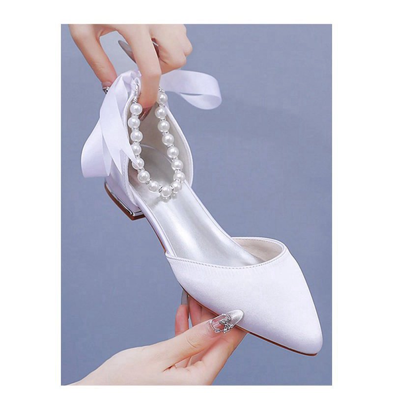 Satin Beaded Ribbon Low Heels Bridal Shoes