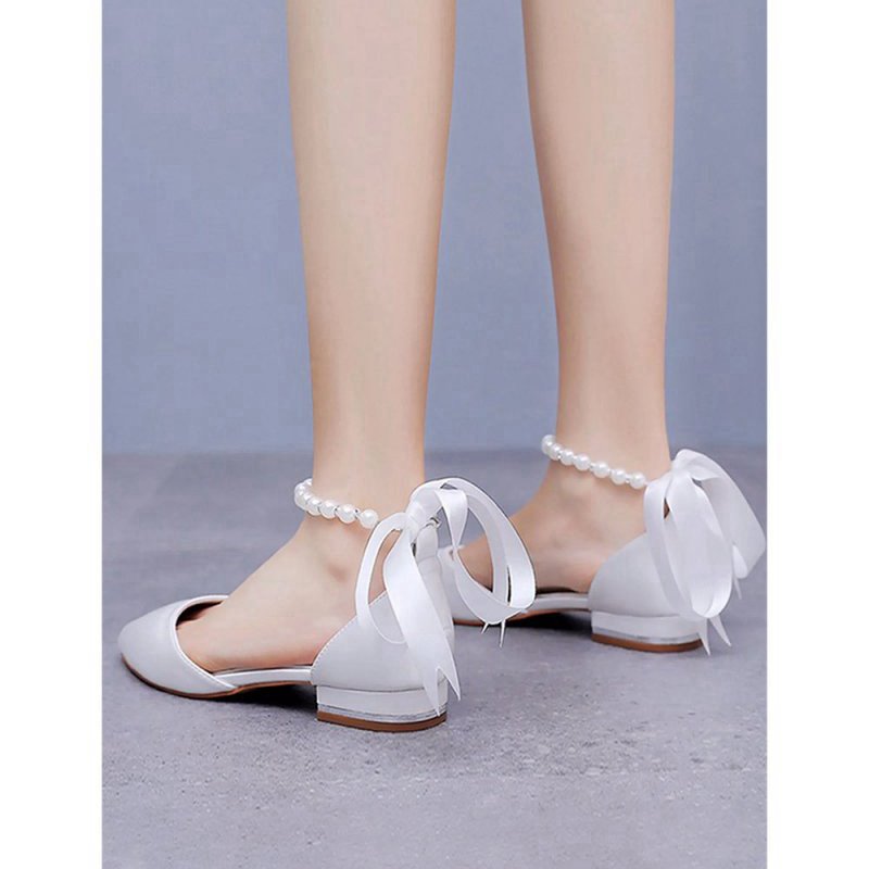 Satin Beaded Ribbon Low Heels Bridal Shoes