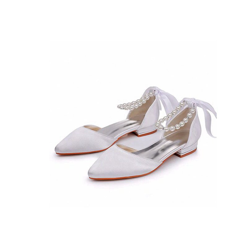 Satin Beaded Ribbon Low Heels Bridal Shoes