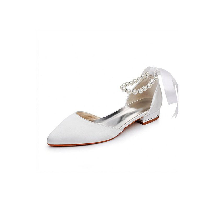 Satin Beaded Ribbon Low Heels Bridal Shoes