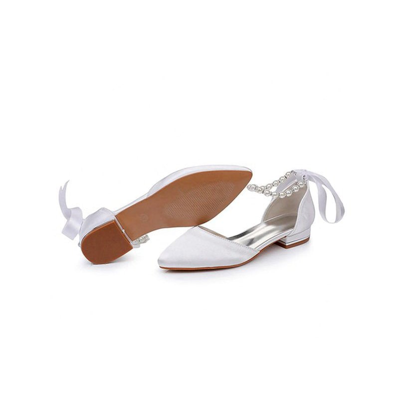 Satin Beaded Ribbon Low Heels Bridal Shoes