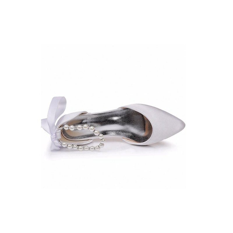 Satin Beaded Ribbon Low Heels Bridal Shoes
