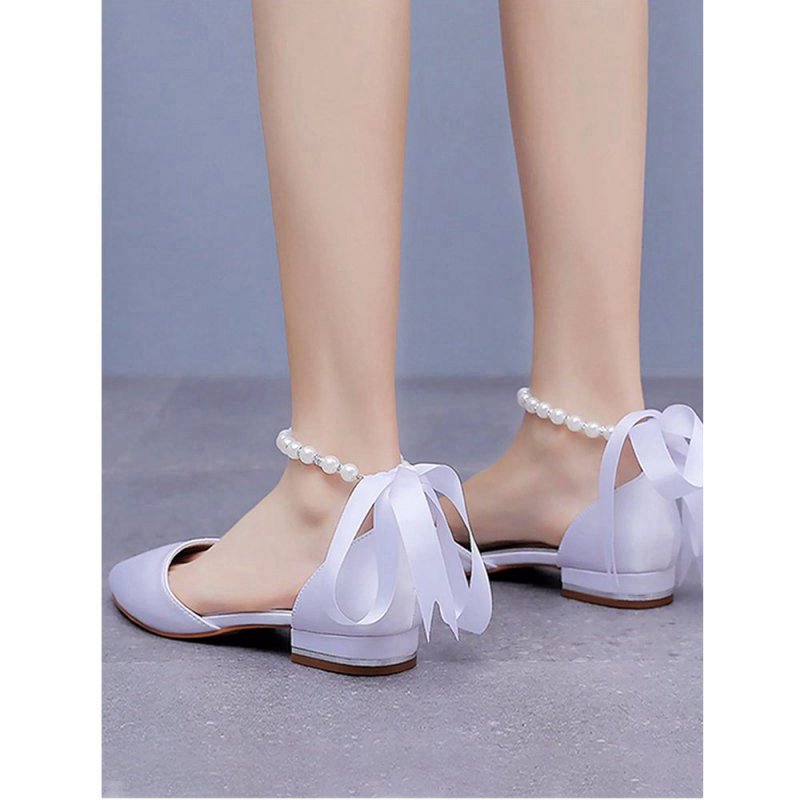Satin Beaded Ribbon Low Heels Bridal Shoes
