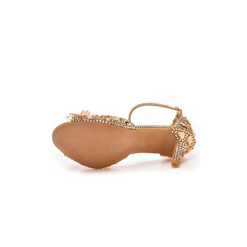 Crystal Rhinestone Decor Peep Toe Stiletto Ankle Strap High Heels