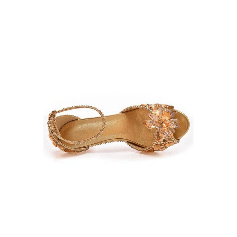 Crystal Rhinestone Decor Peep Toe Stiletto Ankle Strap High Heels