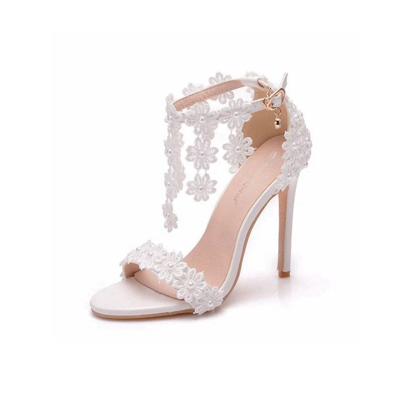 Lace Flowers Tassels Open Toe Ankle-strap Ultra High Heels