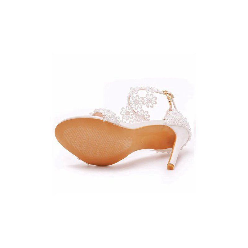 Lace Flowers Tassels Open Toe Ankle-strap Ultra High Heels