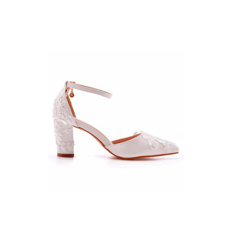 Pointed Toe Lace Ankle Strap Chunky Heels