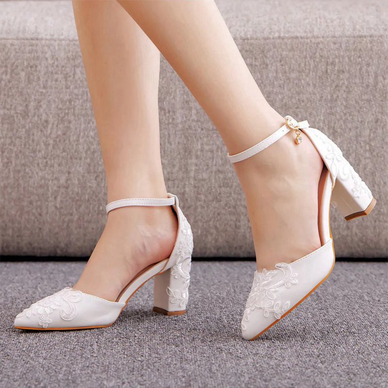 Pointed Toe Lace Ankle Strap Chunky Heels