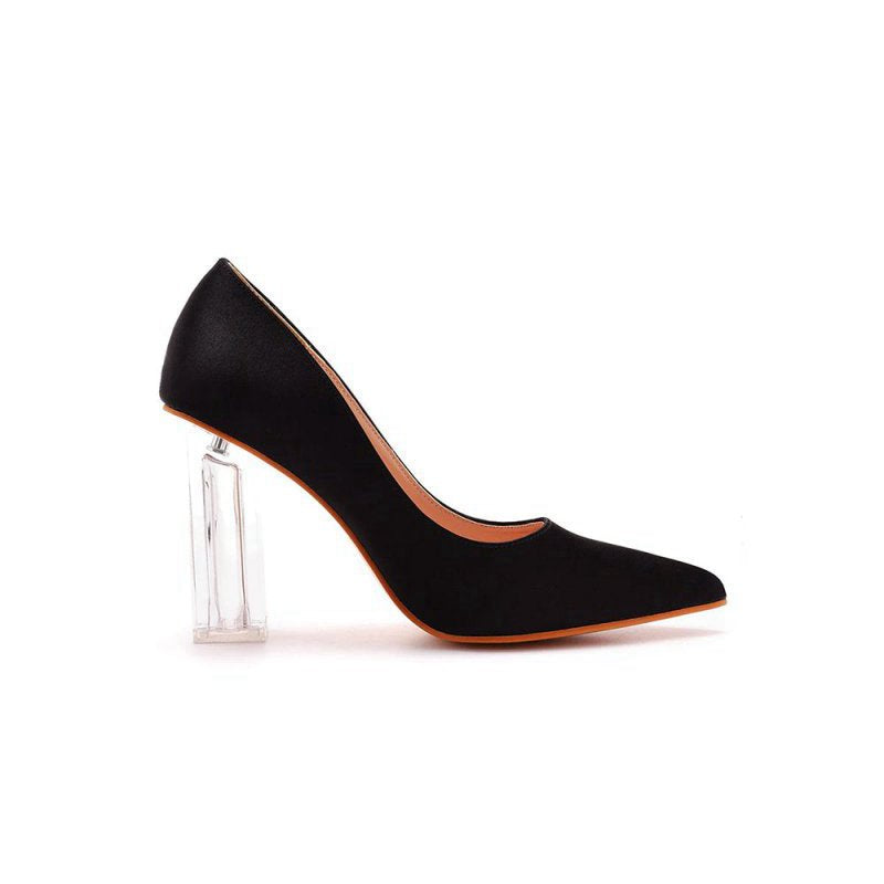 Simple Satin Slip on Pointed Toe Transparent Block Heels